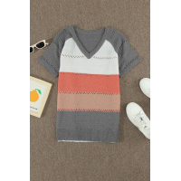 Gray Stripe Print Knitted V Neck Top