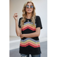 Black Colorful Wavy Stripes Print Short Sleeve Tee