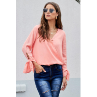 Pink V Neck Ruched Tie Sleeve Top