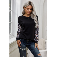 Black Crisscross V Neck Leopard Sleeve Blouse