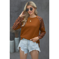 Leopard Print Accent Brown Waffle Long Sleeve Top