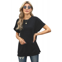 Black Round Neck Short Sleeve Solid Color Tee