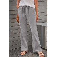 Gray Drawstring Elastic Waist Pockets Long Straight Legs Pants