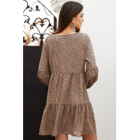 Brown Leopard Ruffle V-Neck Flowy Loose Tunic Dress