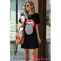 Black Lip Print Summer Casual Tee Mini Dress