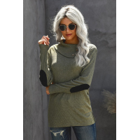 Army Green Buttoned Neck Knit Long Sleeves Top