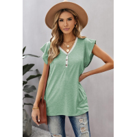 Green V Neck Buttoned Lace Trim Short Sleeve Tee