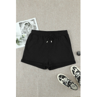 Black Tie Waist Side Pockets Cuffed Lounge Shorts