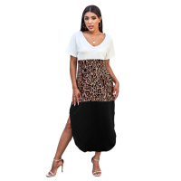 Colorblock Leopard Cotton Blend Casual Maxi T-shirt Dress