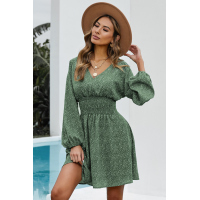 Green V Neck Balloon Sleeve Smocked Waist Printed Mini Dress