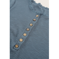 Blue Buttoned Ribbed Knit Short Sleeve Top