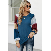 Blue Lantern Sleeve Color Block Pullover Loose T-shirts