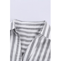 Gray Stripe Linen Dropped Sleeve Button Blouse with Pocket