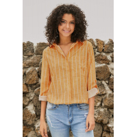 Orange Striped Roll Tab Sleeve Button Shirt