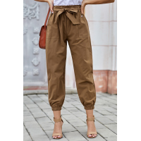 Khaki Solid Color Frock-style Pants with Belt