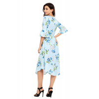 Light Blue 3/4 Bell Sleeve Floral Midi Dress