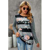 Gray Floral Striped Print Long Sleeves Top