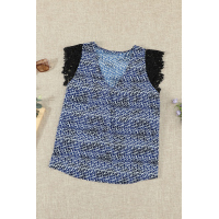 Blue Print Lace Shoulder Tank Top