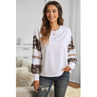 Sequins Patchwork Leopard Print White Crew Collar Long Sleeve Top