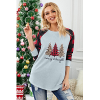 Red Plaid Splice Christmas Tree Print Long Sleeve Top