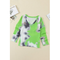 V-neck Knotted Green Tie-dye Top