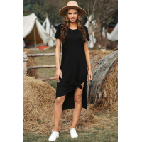 Black Casual Short Sleeve T-shirt Midi Dress with High Splits