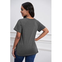 Gray V Neck Short Sleeves Cotton Blend Tee with Front Pocket and Side Slits