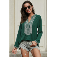 Green Long Sleeves Front Embroidery Blouse