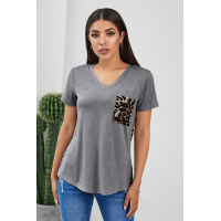 Gray Leopard Printed Splicing T-Shirt