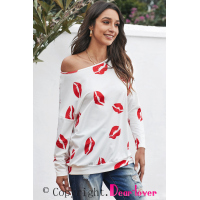 White Valentine’s Day Lip Prints Long Sleeve Top