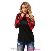 Black Cowl Neck Plaid Splice Casual Long Sleeve Top