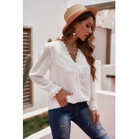 White Elegant V-Neck Swiss Dot Lace Blouse