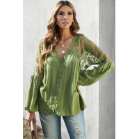 Green V Neckline Lace Shoulder Patchwork Blouse