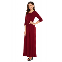 Burgundy Pocket Design 3/4 Sleeves Maxi Dress