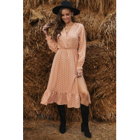 Apricot Button Polka Dot High Slit Ruffled Midi Dress