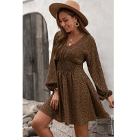 Brown V Neck Balloon Sleeve Smocked Waist Printed Mini Dress