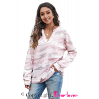 Pink Split Neck Camo Thermal Knit Top