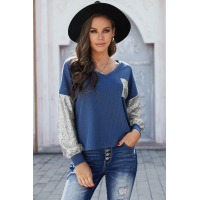 Sequin Splicing Blue V Neck Bishop Sleeves Top