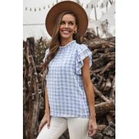 Light Blue Plaid Ruffled Short Sleeves Tee