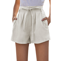 Beige Tie Waist Casual Shorts with Pockets