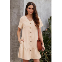 Beige Pocketed Button Ruffle Dress