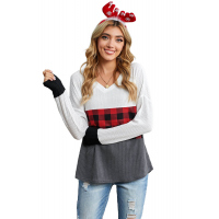 Red Plaid Color Block V Neck Long Sleeve Top