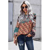 Green Bohemian Floral Print Patchwork Top