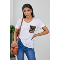 White Leopard Printed Splicing T-Shirt