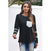 Black Crew Neck Rhinestone Pocket Long Sleeve Top