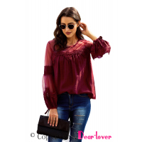 Red Fashion Lantern-Sleeve Lace Patchwork Top