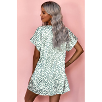 Green V-Neck Half Sleeve Leopard Casual T Shirt Dress with Pockets