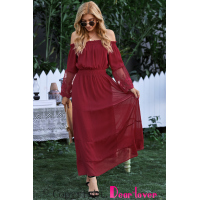 Wine Off Shoulder Embroidered Flared Sleeve Lace Maxi Dress