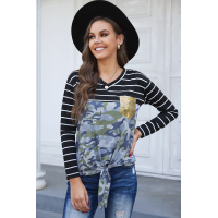 Striped Camo Patchwork Sequin Pocket Long Sleeve Top