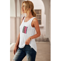 White Casual Women Tank Top with Multicolor Pocket